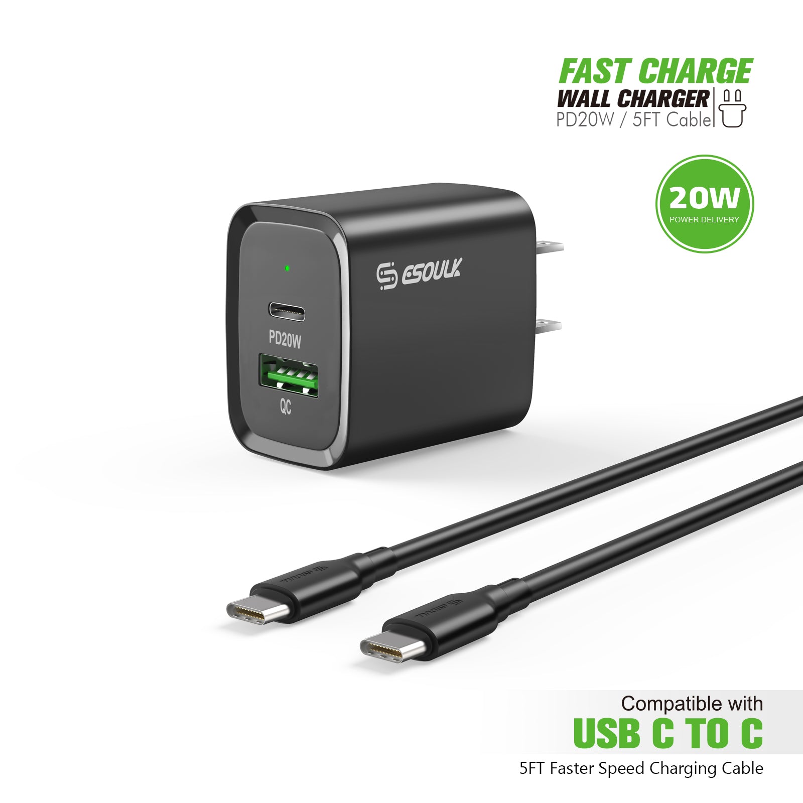 EC49-CC-BK 20W PD/QC Wall Charger & 5FT Cable for C to C