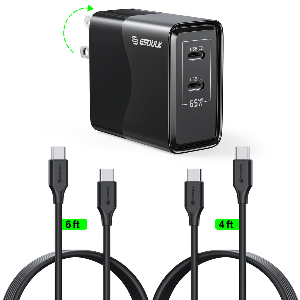 EK-2005BK CC65W GaN Dual USB-C WALL CHARGER+4FT & 6FT USB-C CABLE