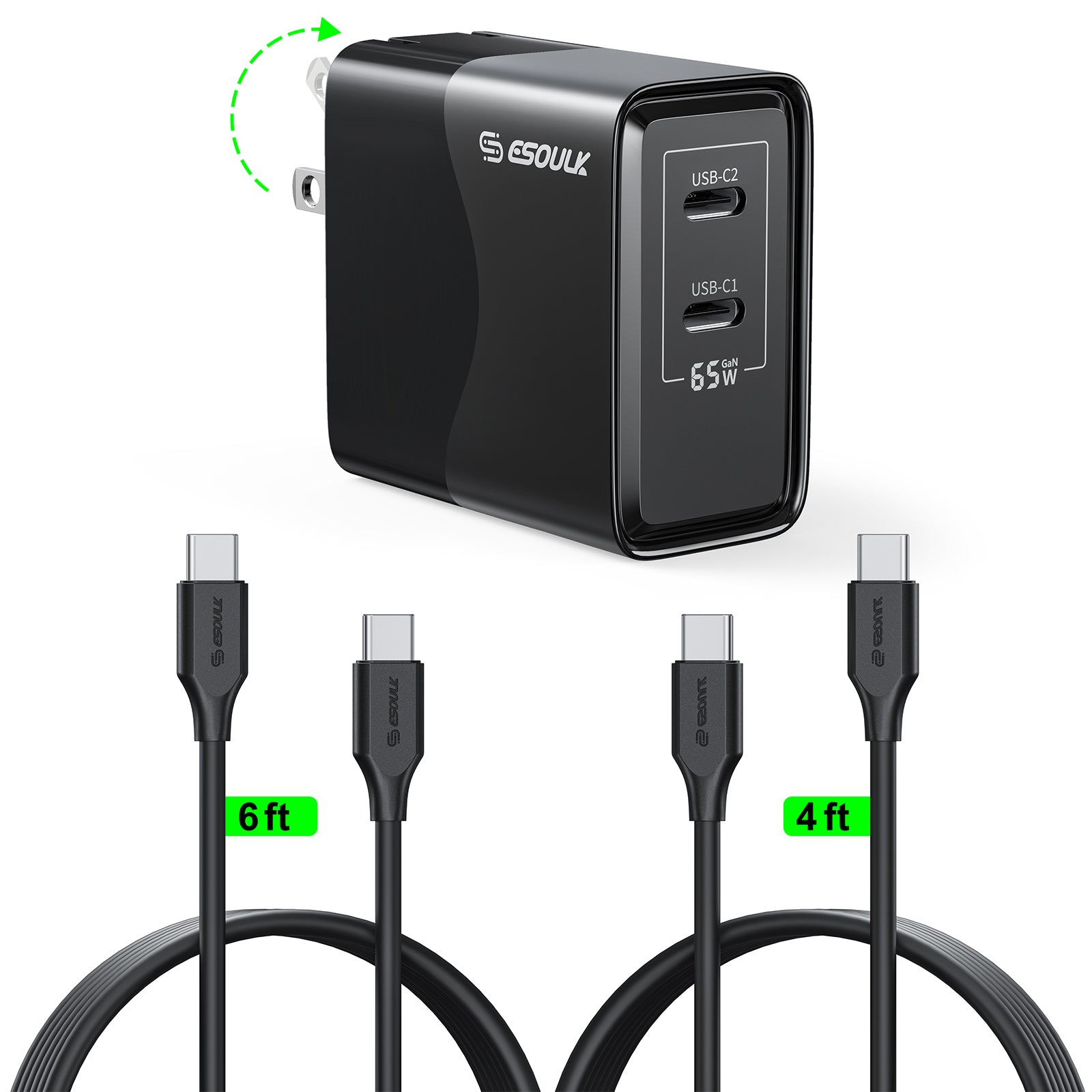EK-2005BK CC65W GaN Dual USB-C WALL CHARGER+4FT & 6FT USB-C CABLE