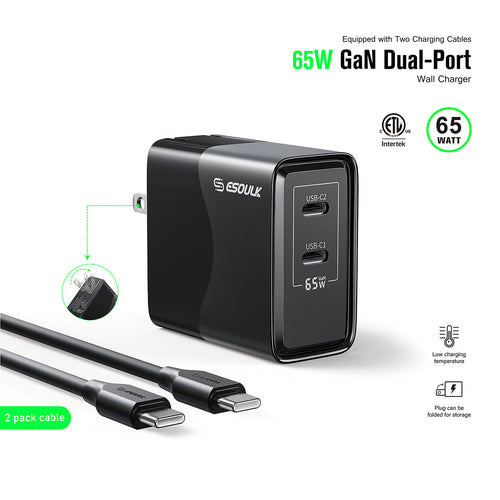 EK-2005BK CC65W GaN Dual USB-C WALL CHARGER+4FT & 6FT USB-C CABLE