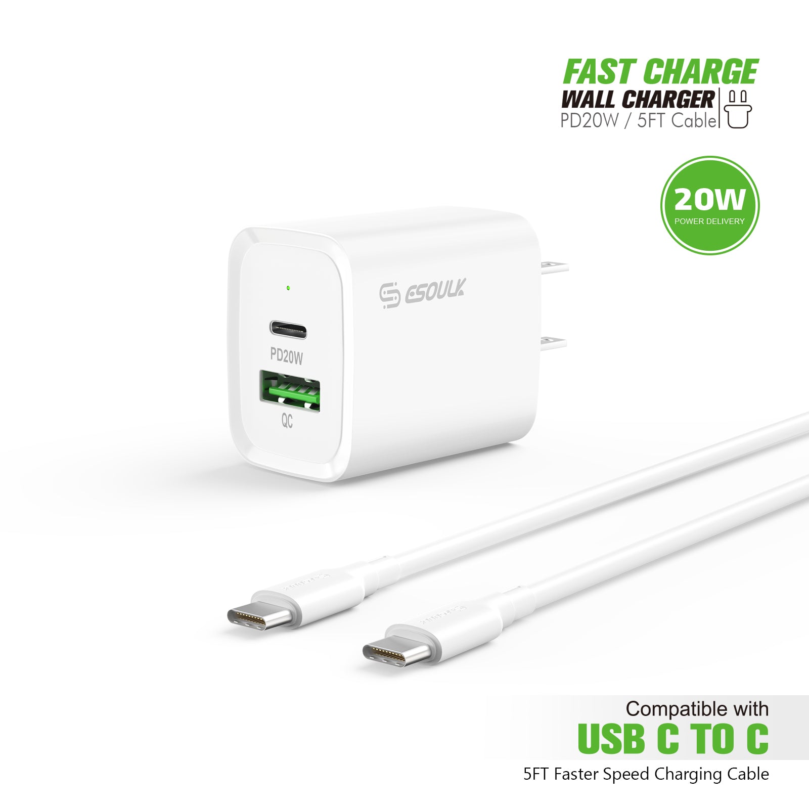 EC49-CC-WH 20W PD/QC Wall Charger & 5FT Cable for C to C