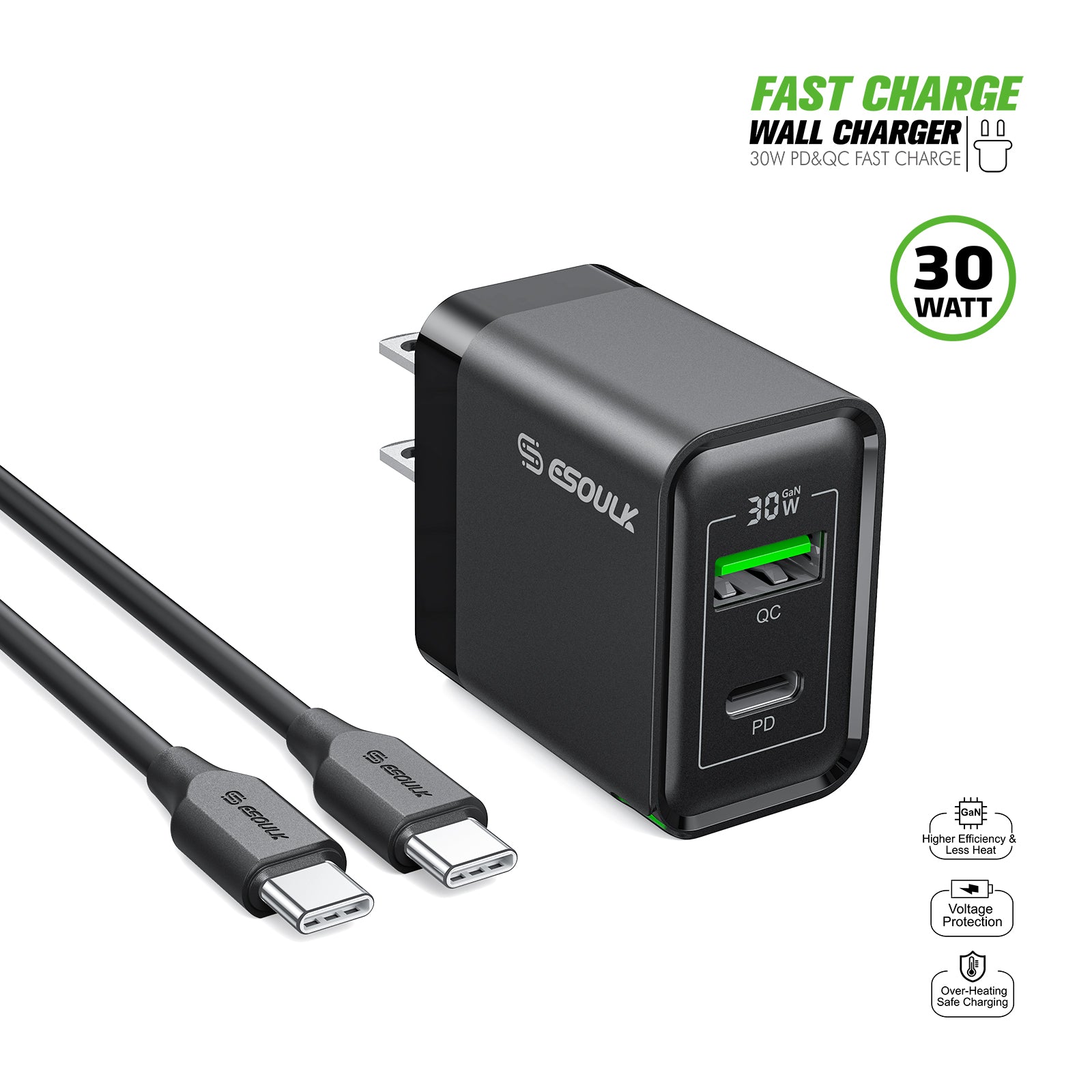 EK-2008BK 30W PD&QC Wall Charger +5Ft USB-C To USB-C Cable