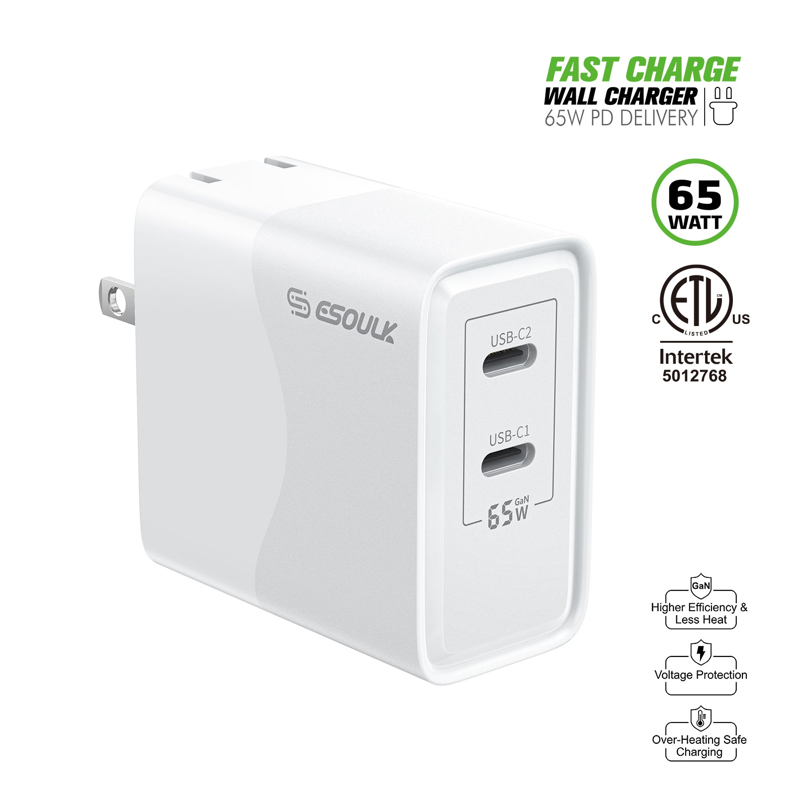 EK-2005WH 65W GaN Dual USB-C Wall Charger