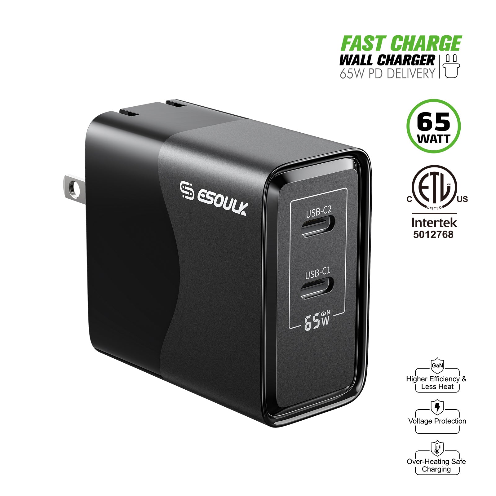 EK-2005BK 65W GaN Dual USB-C Wall Charger