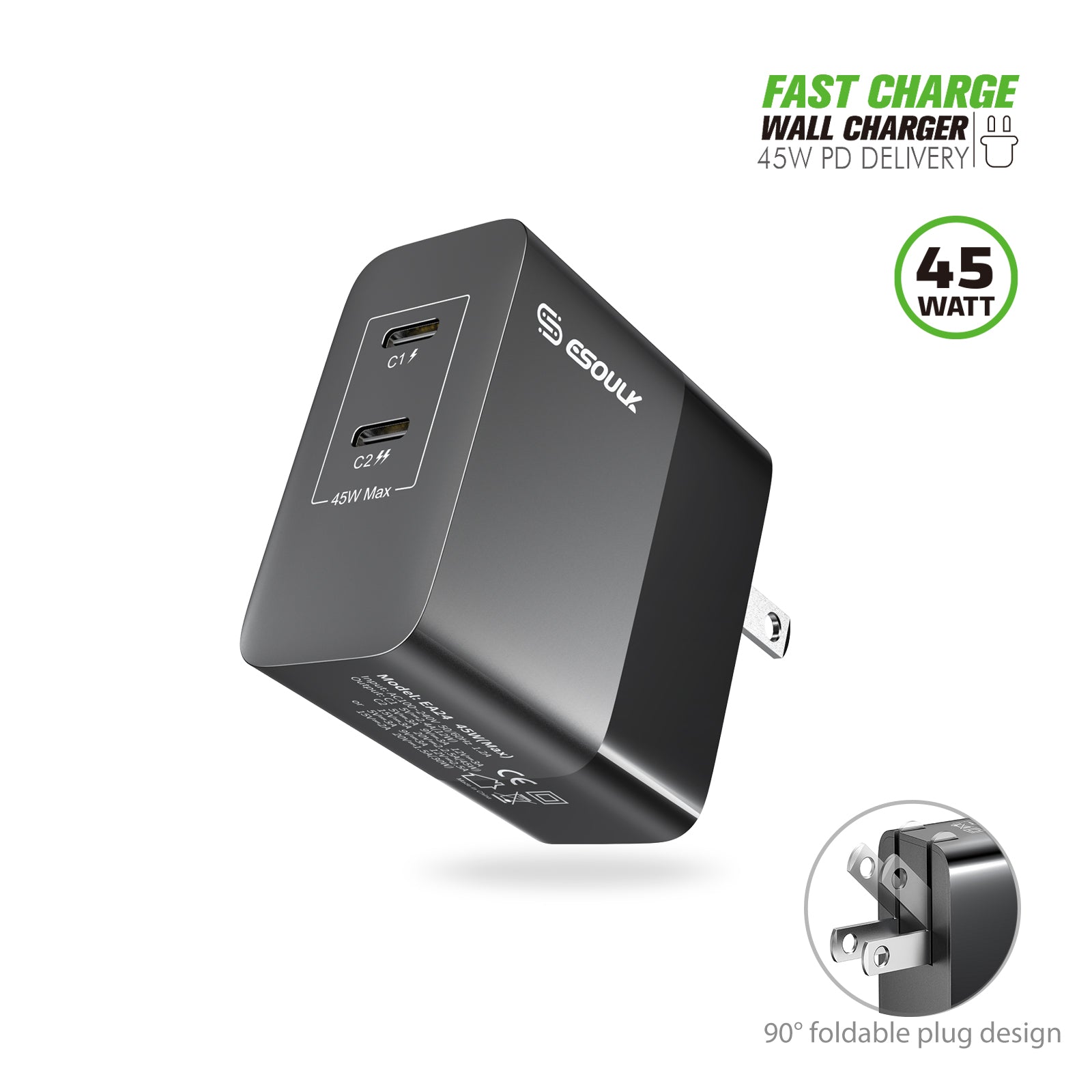 EK-2002BK 45W PD Dual Type-C Fast Wall Charger