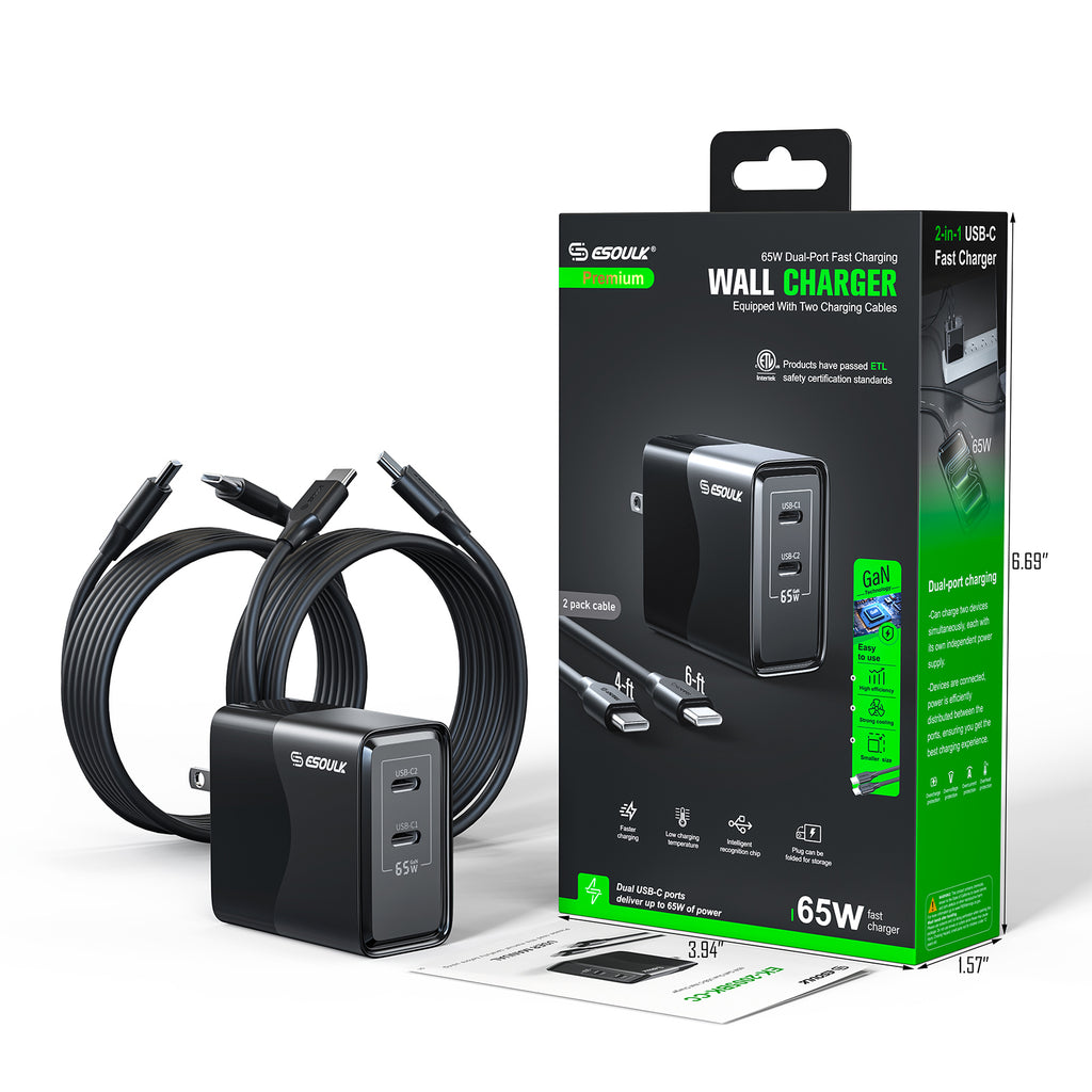 EK-2005BK CC65W GaN Dual USB-C WALL CHARGER+4FT & 6FT USB-C CABLE