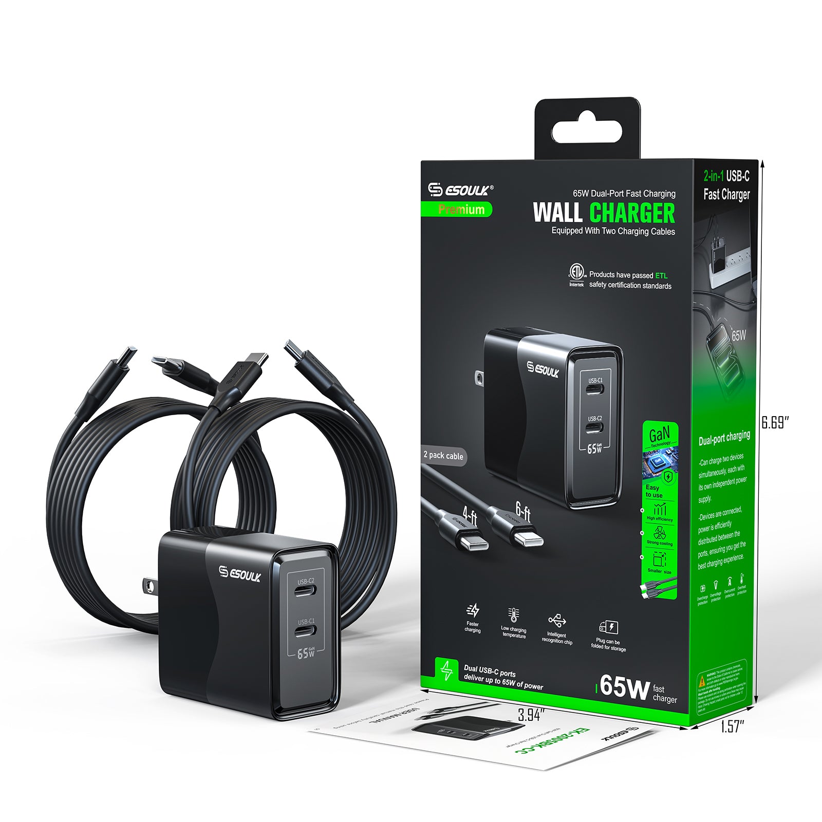 EK-2005BK CC65W GaN Dual USB-C WALL CHARGER+4FT & 6FT USB-C CABLE