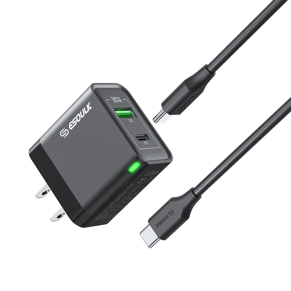 EK-2008BK 30W PD&QC Wall Charger +5Ft USB-C To USB-C Cable