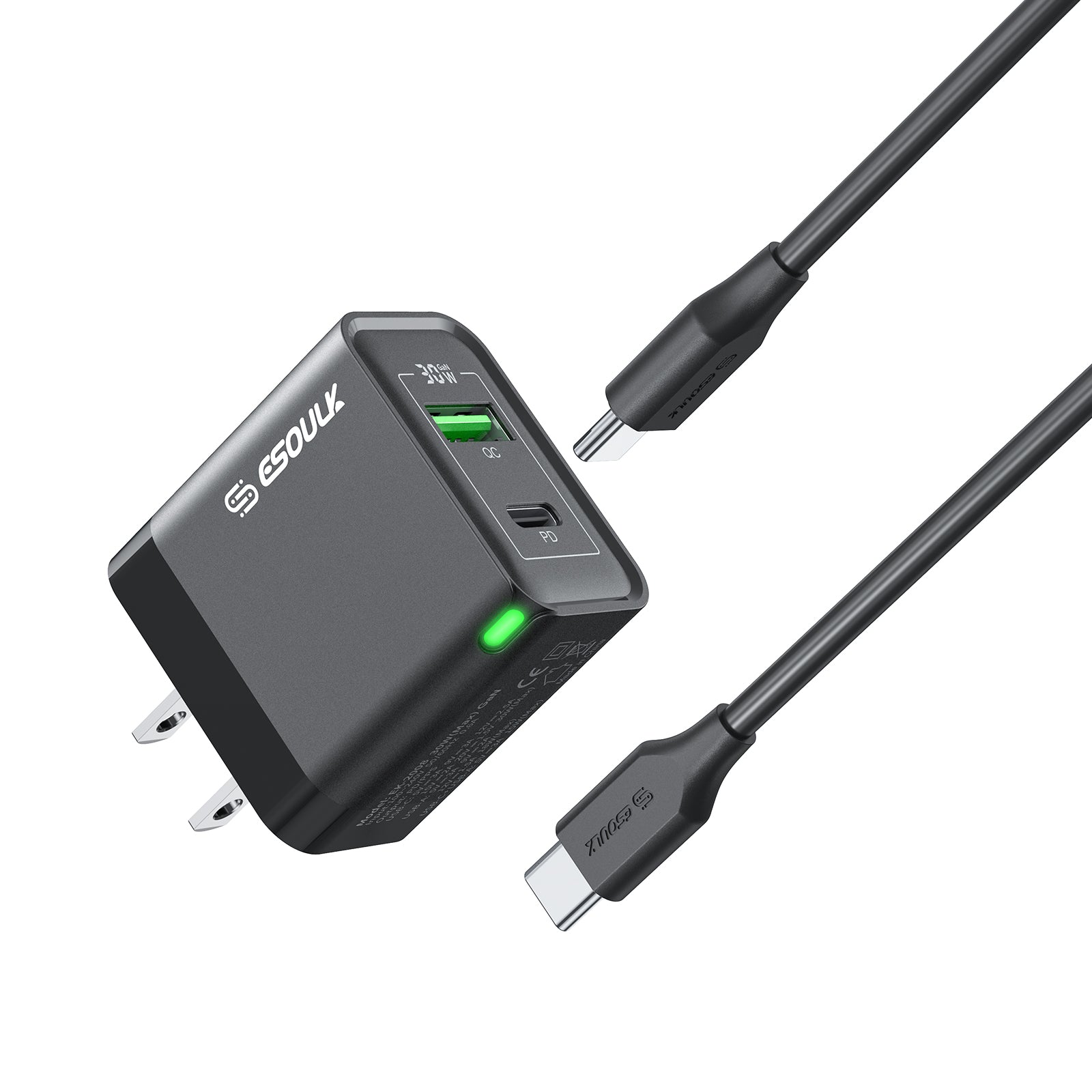 EK-2008BK 30W PD&QC Wall Charger +5Ft USB-C To USB-C Cable