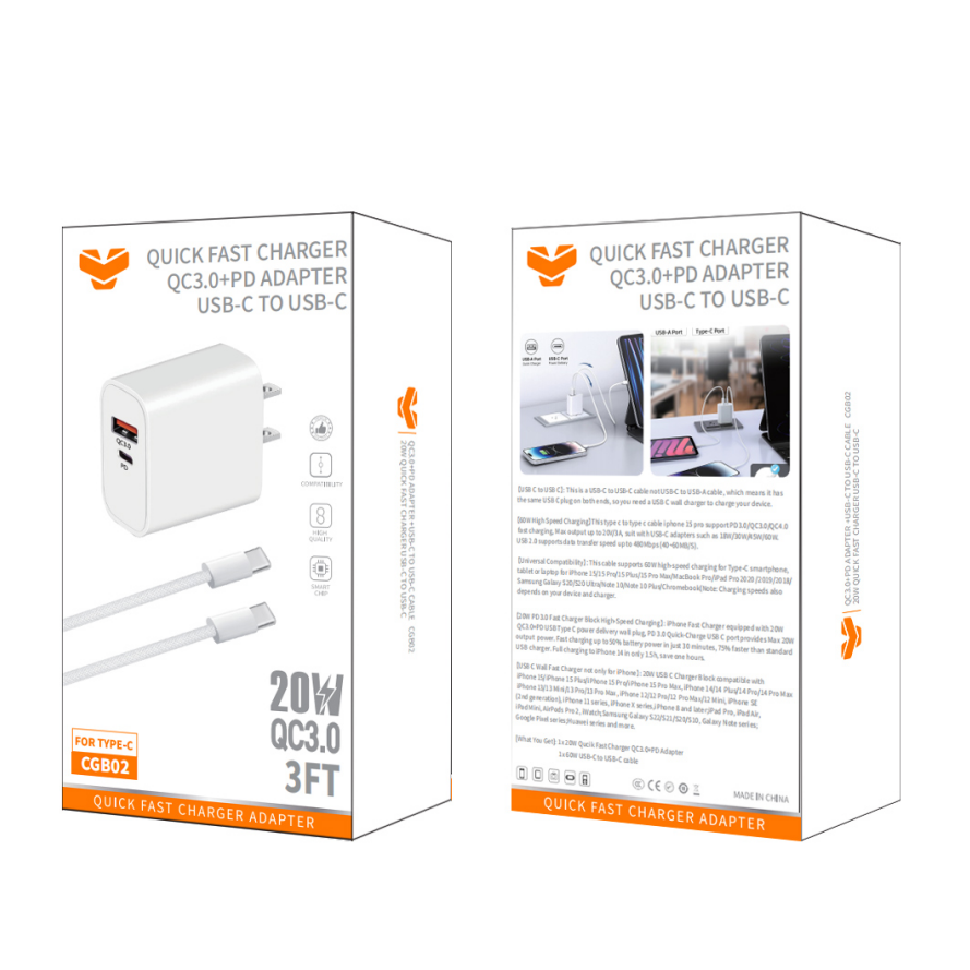Vitog CGB02 20W QC3.0+PD Wall Charger w/ USB-C to USB-C Cable