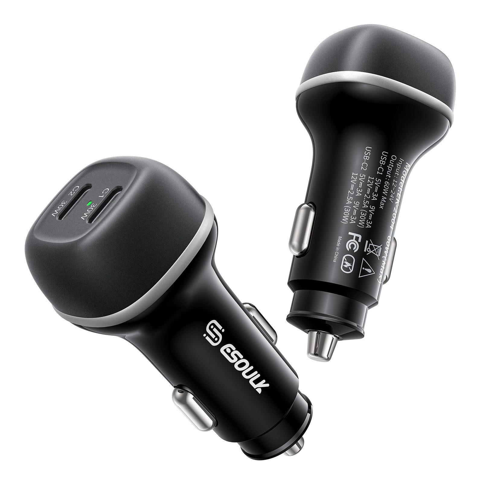 EK-2004BK 60W PD Dual USB-C Car Charging Plug