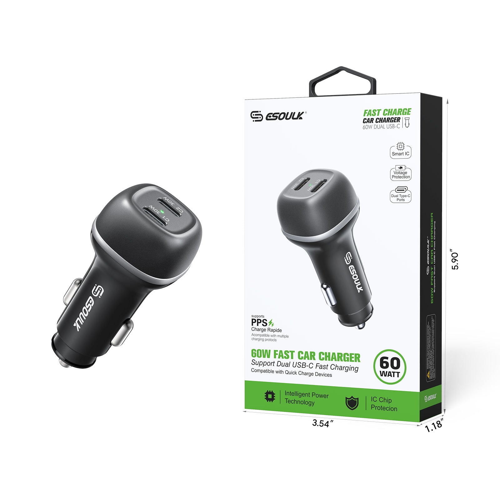EK-2004BK 60W PD Dual USB-C Car Charging Plug