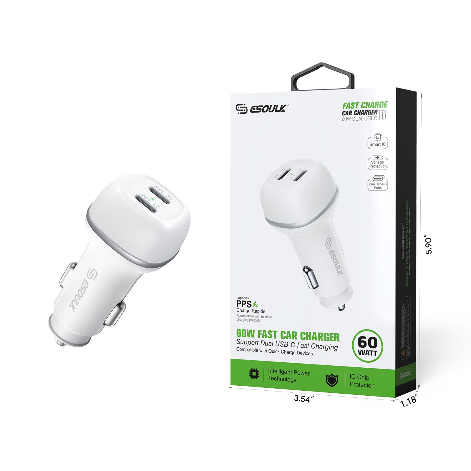EK-2004WH 60W PD Dual USB-C Car Charging Plug