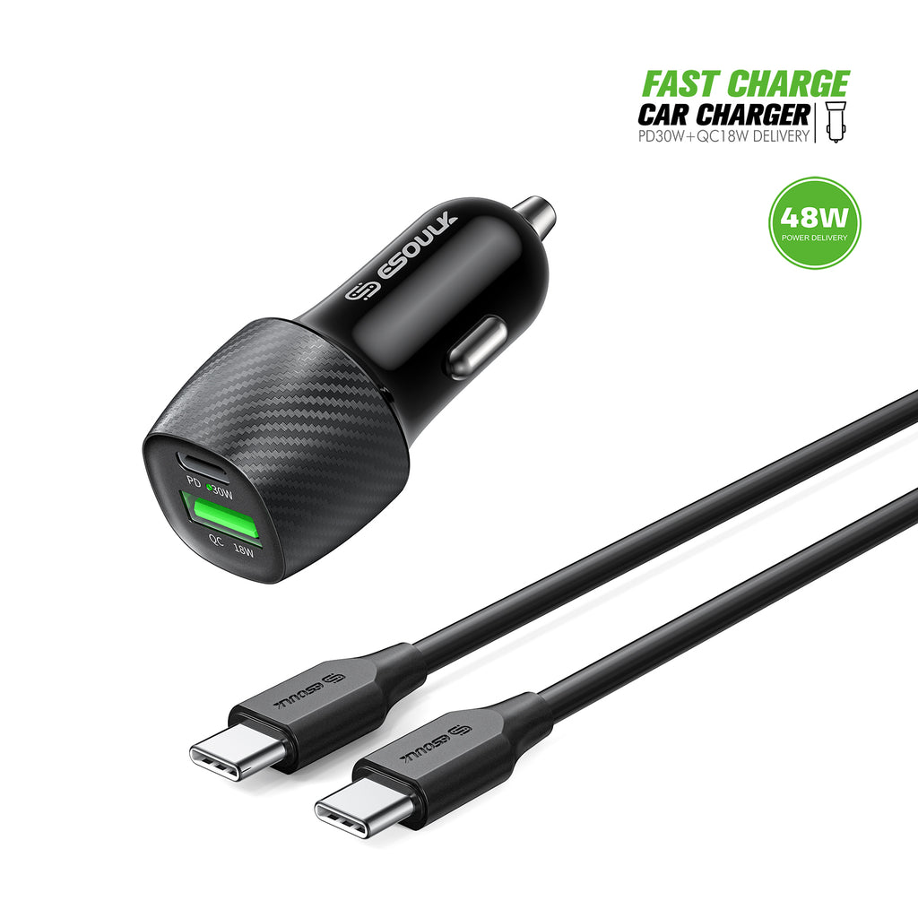 EK-2007BK 48W PD&QC Car Charger +3Ft USB-C To USB-C Cable