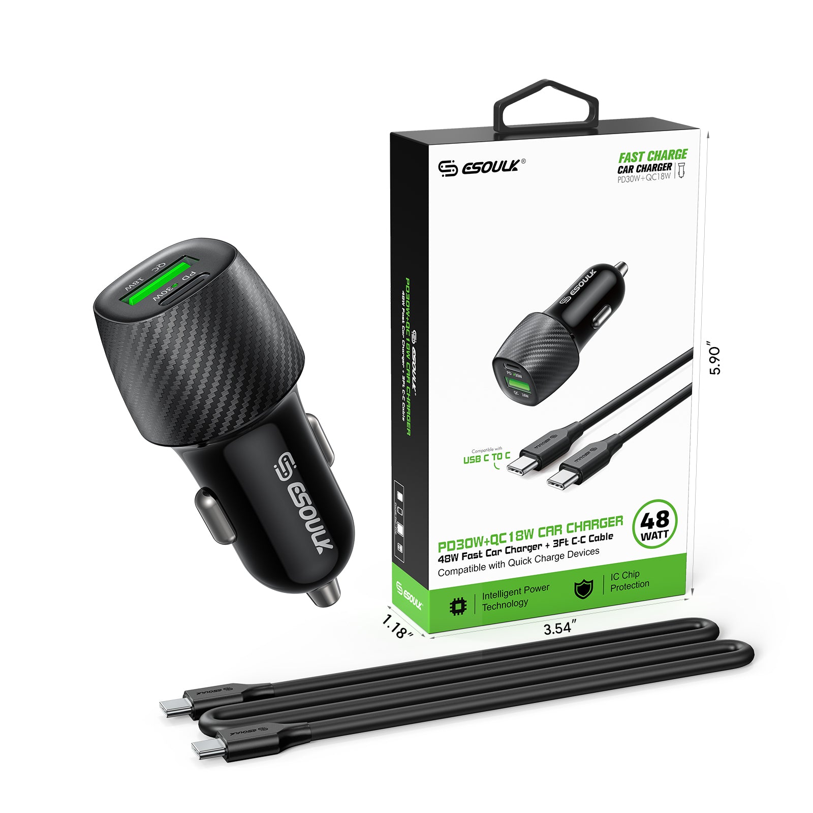 EK-2007BK 48W PD&QC Car Charger +3Ft USB-C To USB-C Cable
