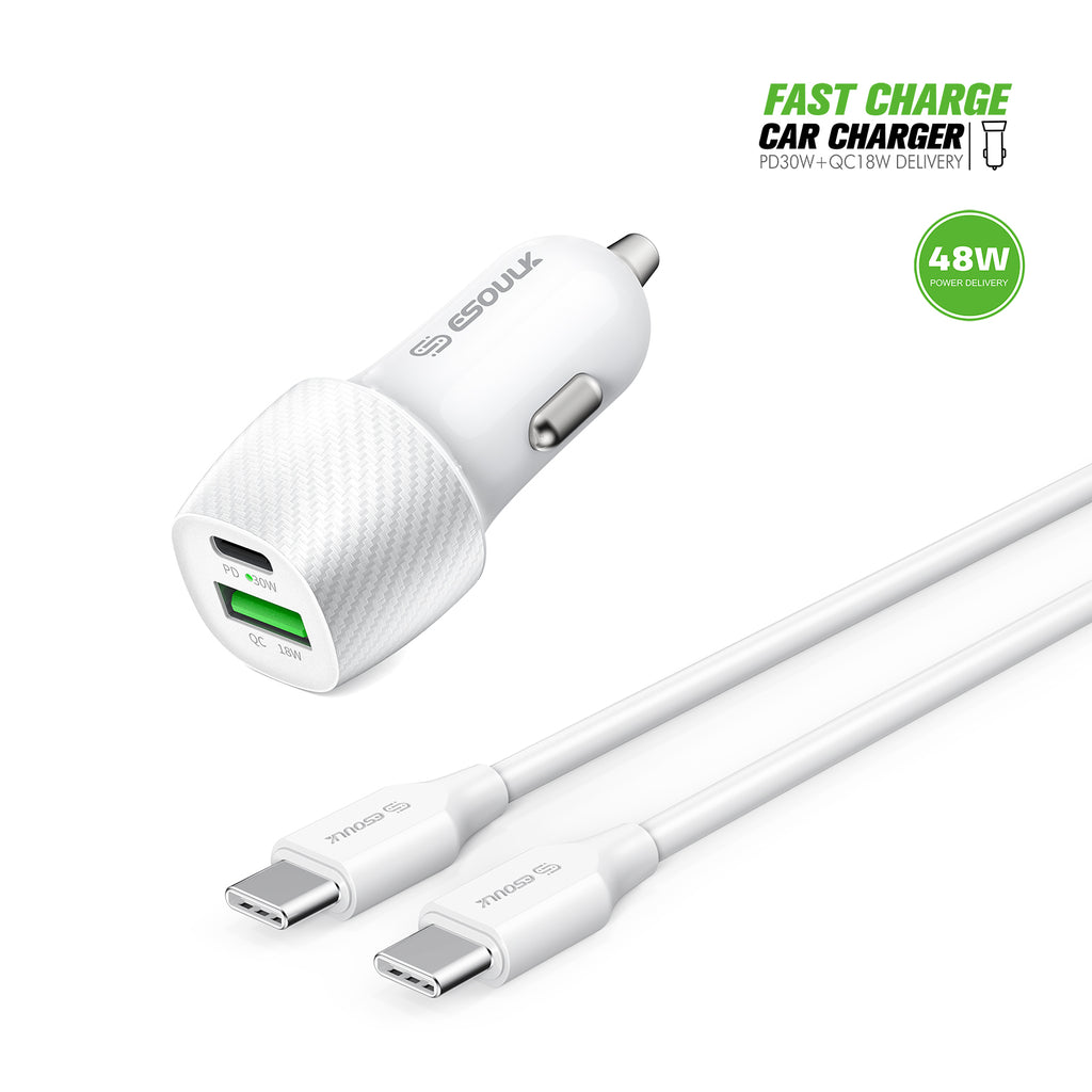 EK-2007WH 48W PD&QC Car Charger +3Ft USB-C To USB-C Cable
