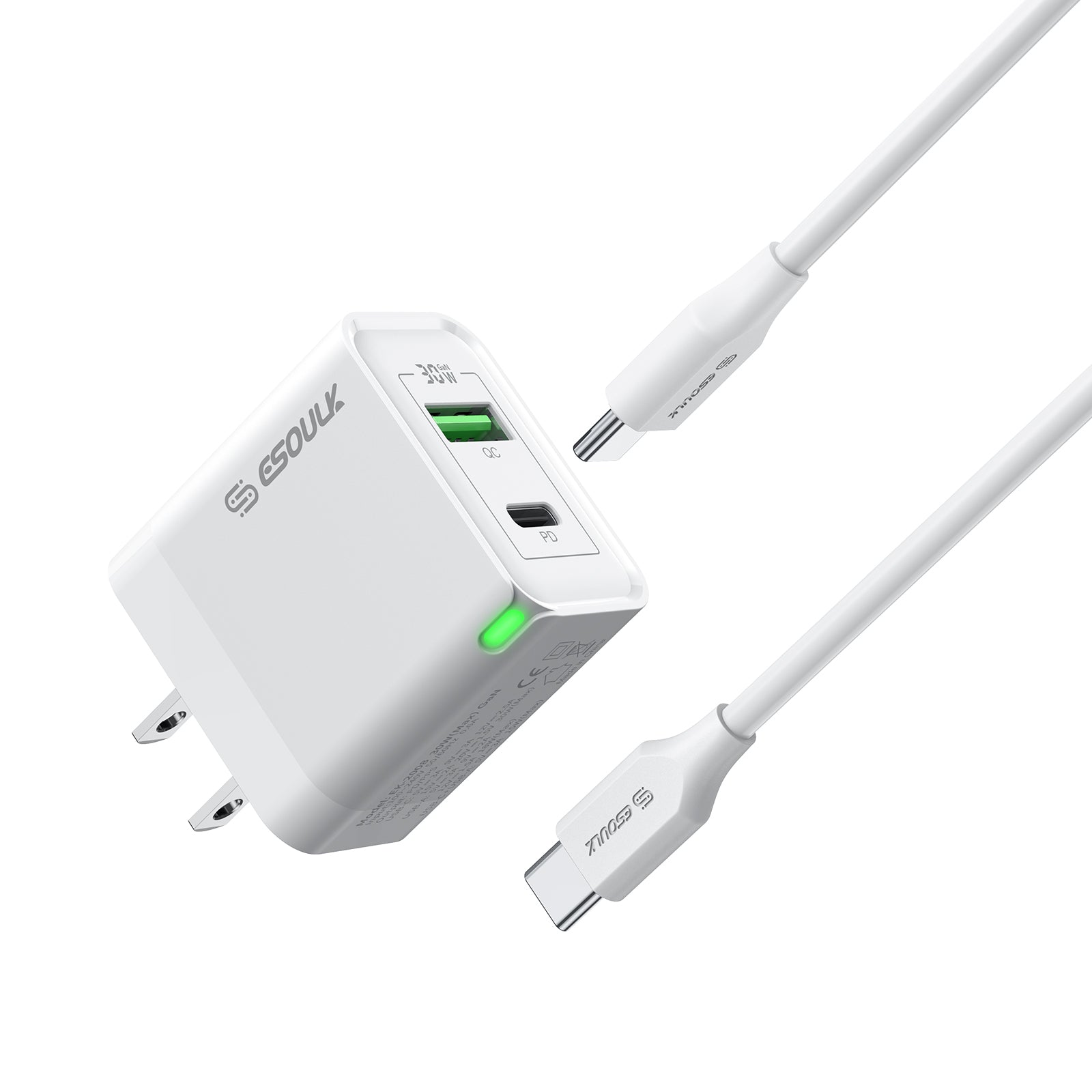 EK-2008WH 30W PD&QC Wall Charger +5Ft USB-C To USB-C Cable