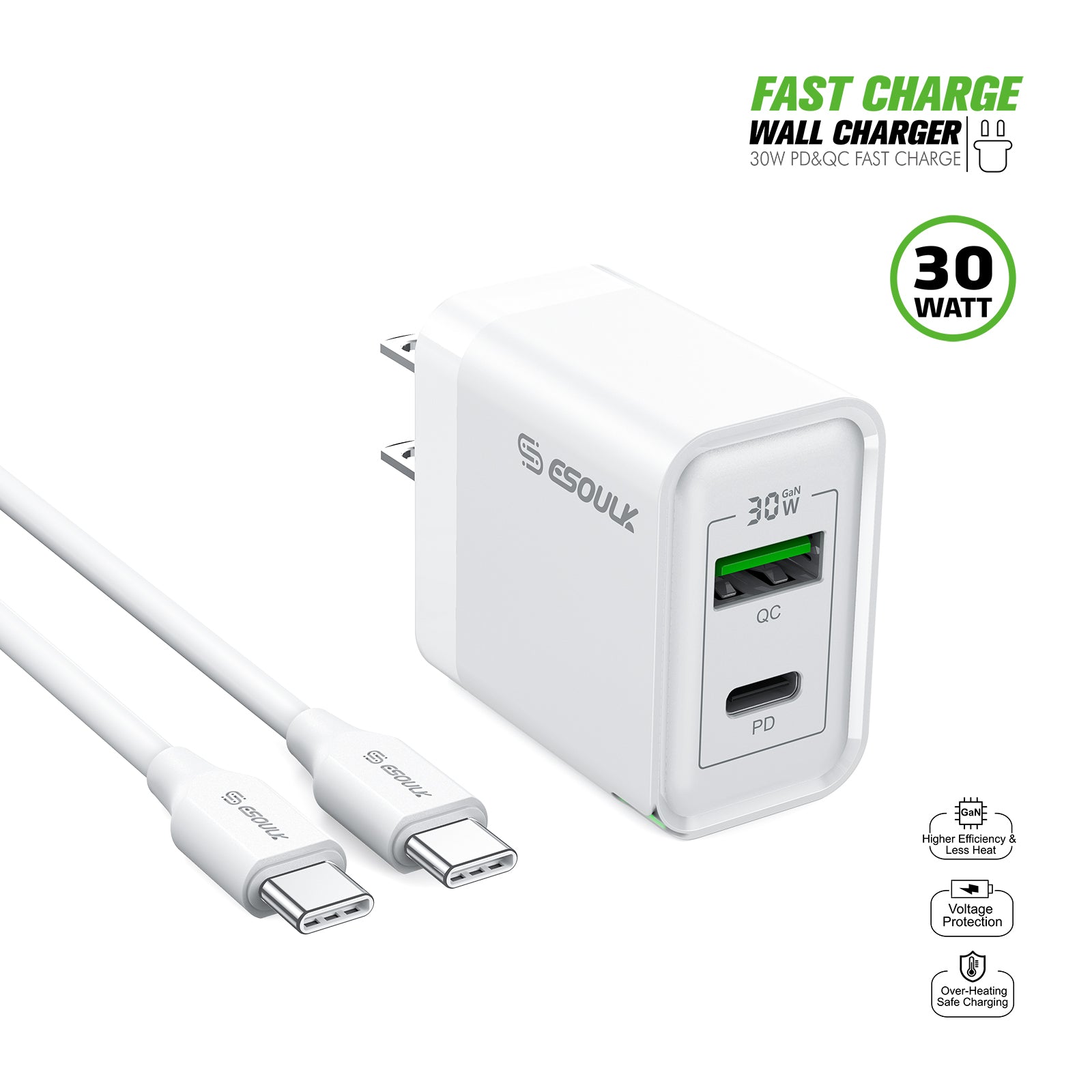 EK-2008WH 30W PD&QC Wall Charger +5Ft USB-C To USB-C Cable