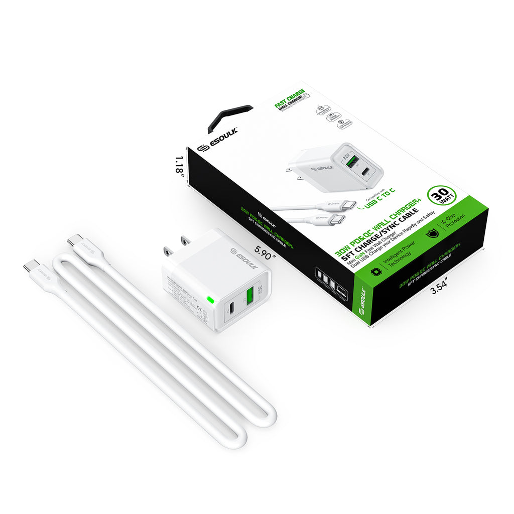 EK-2008WH 30W PD&QC Wall Charger +5Ft USB-C To USB-C Cable