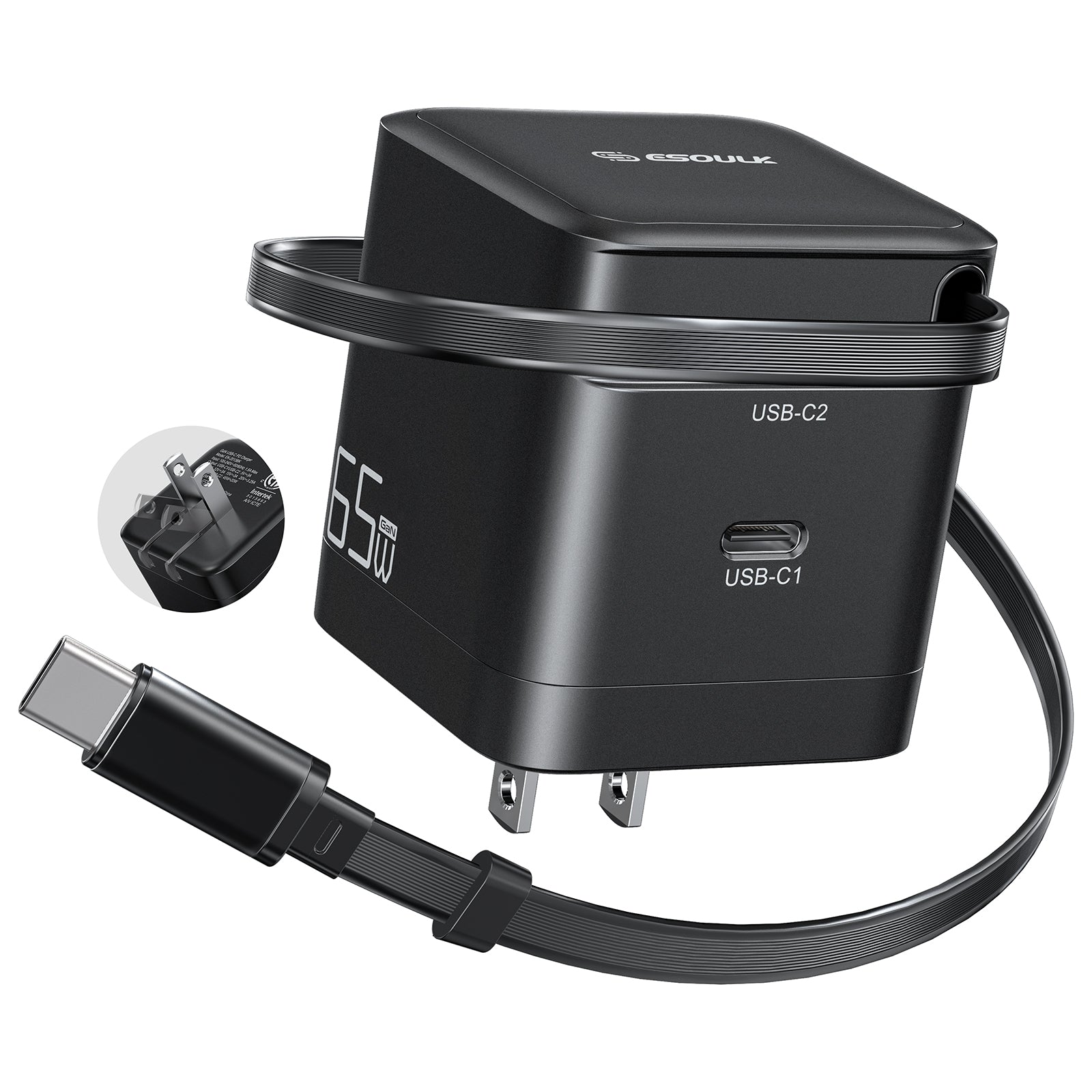 EK-2013BK 65W Wall Charger Built-in Retractable Type C Cable