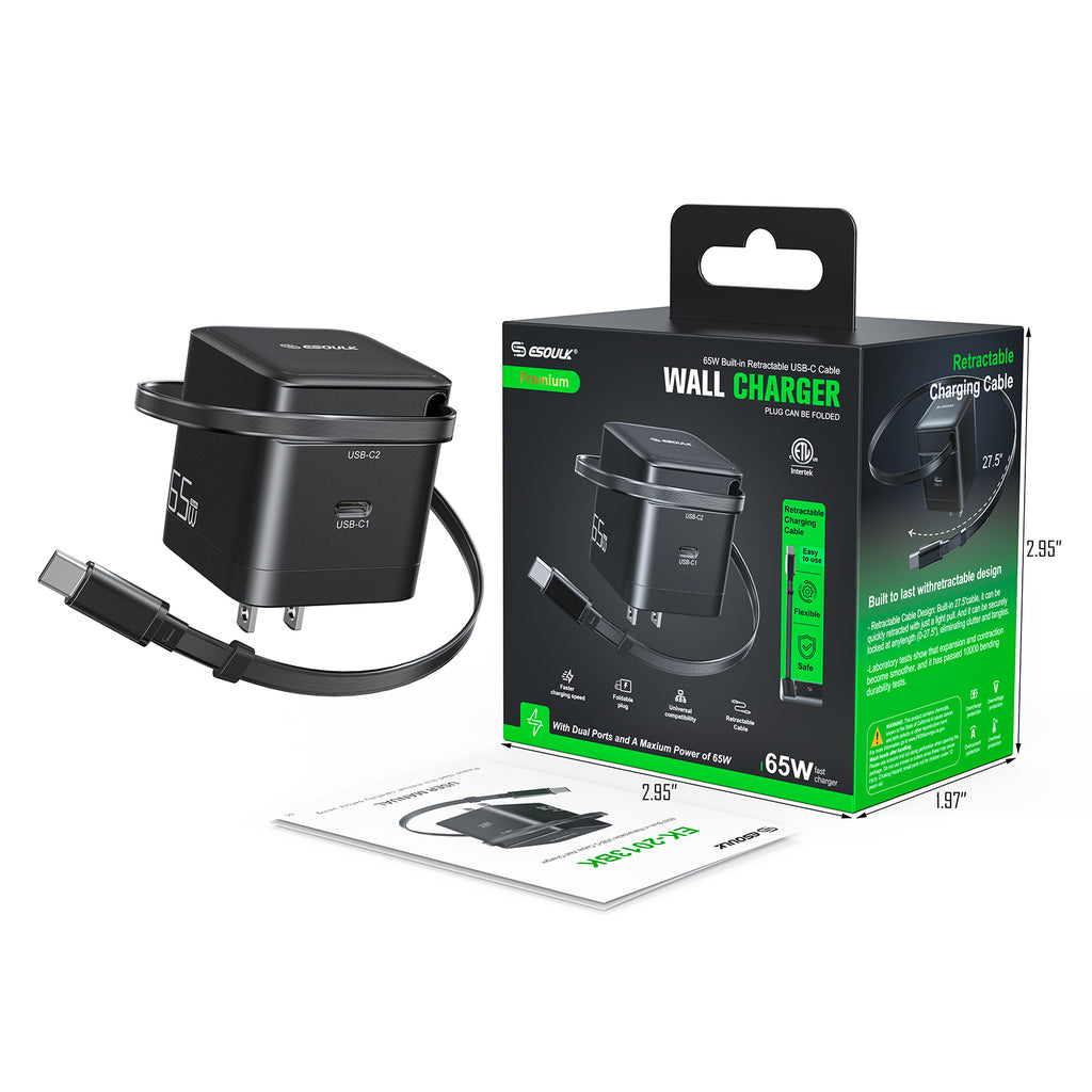 EK-2013BK 65W Wall Charger Built-in Retractable Type C Cable