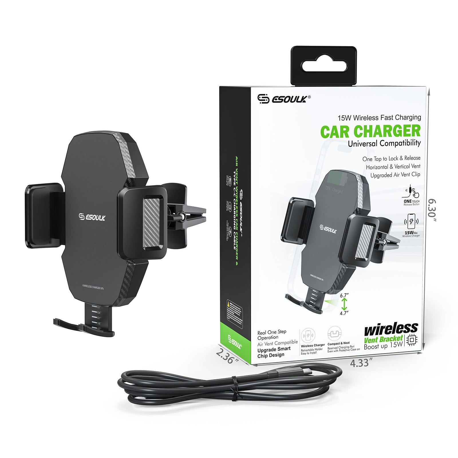 EK-3011BK 15W Wireless Fast Charging Car Airvent Charger