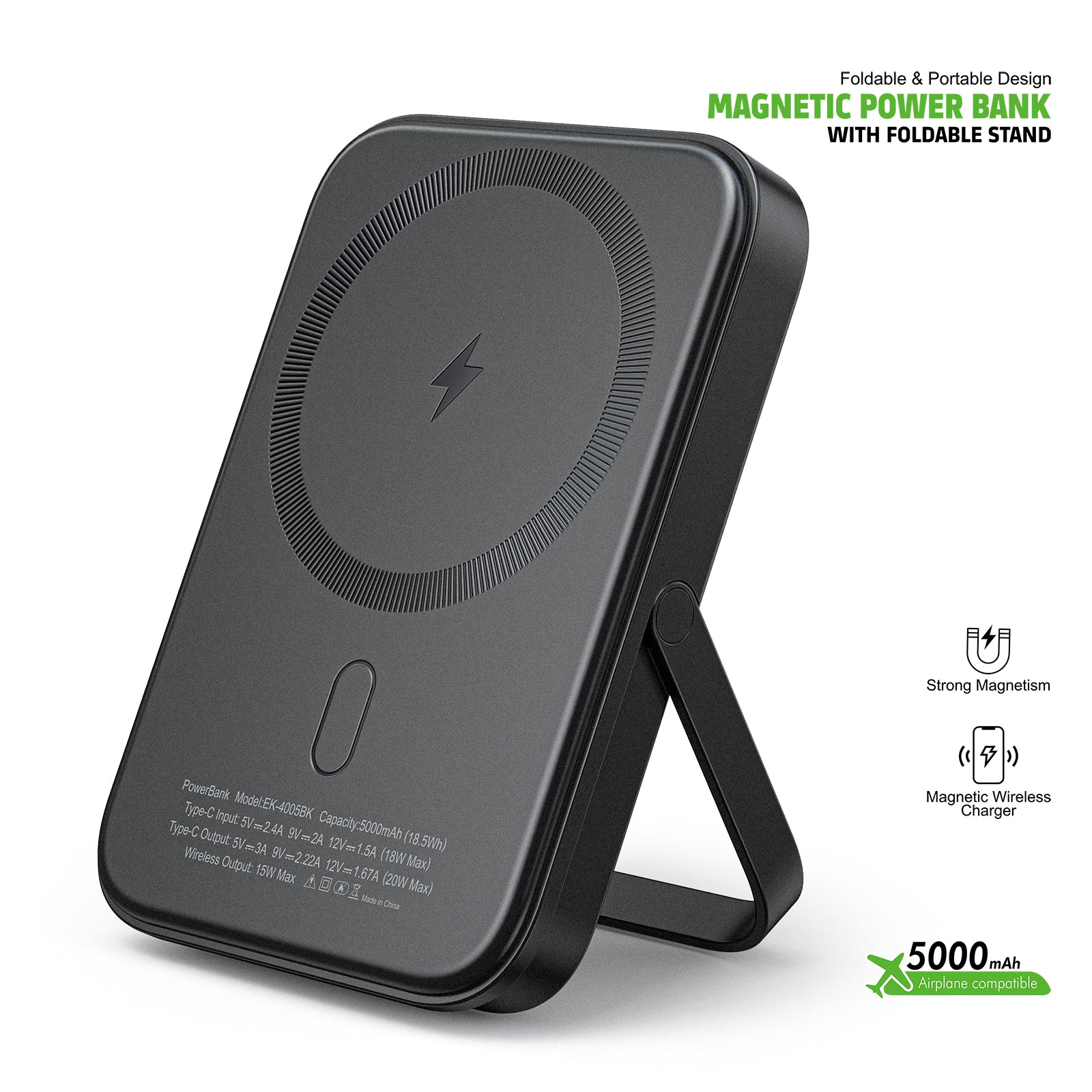 EK-4005BK 5000mAh Magnetic 15W Wireless Charge Power Bank