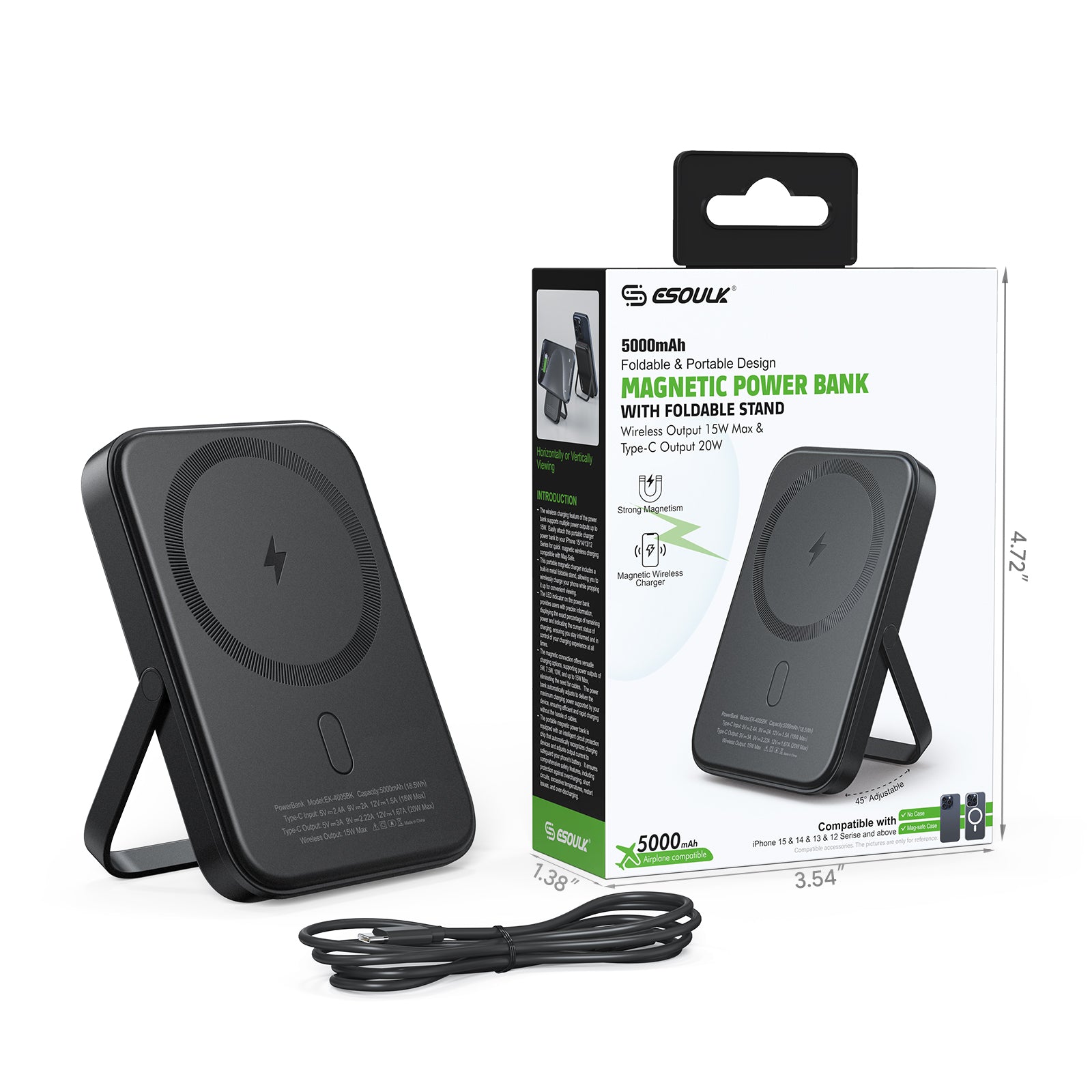 EK-4005BK 5000mAh Magnetic 15W Wireless Charge Power Bank