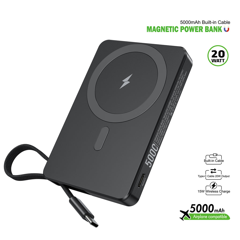 EK-4009BK 5000mAh Built-In Cable Magnetic Power Bank