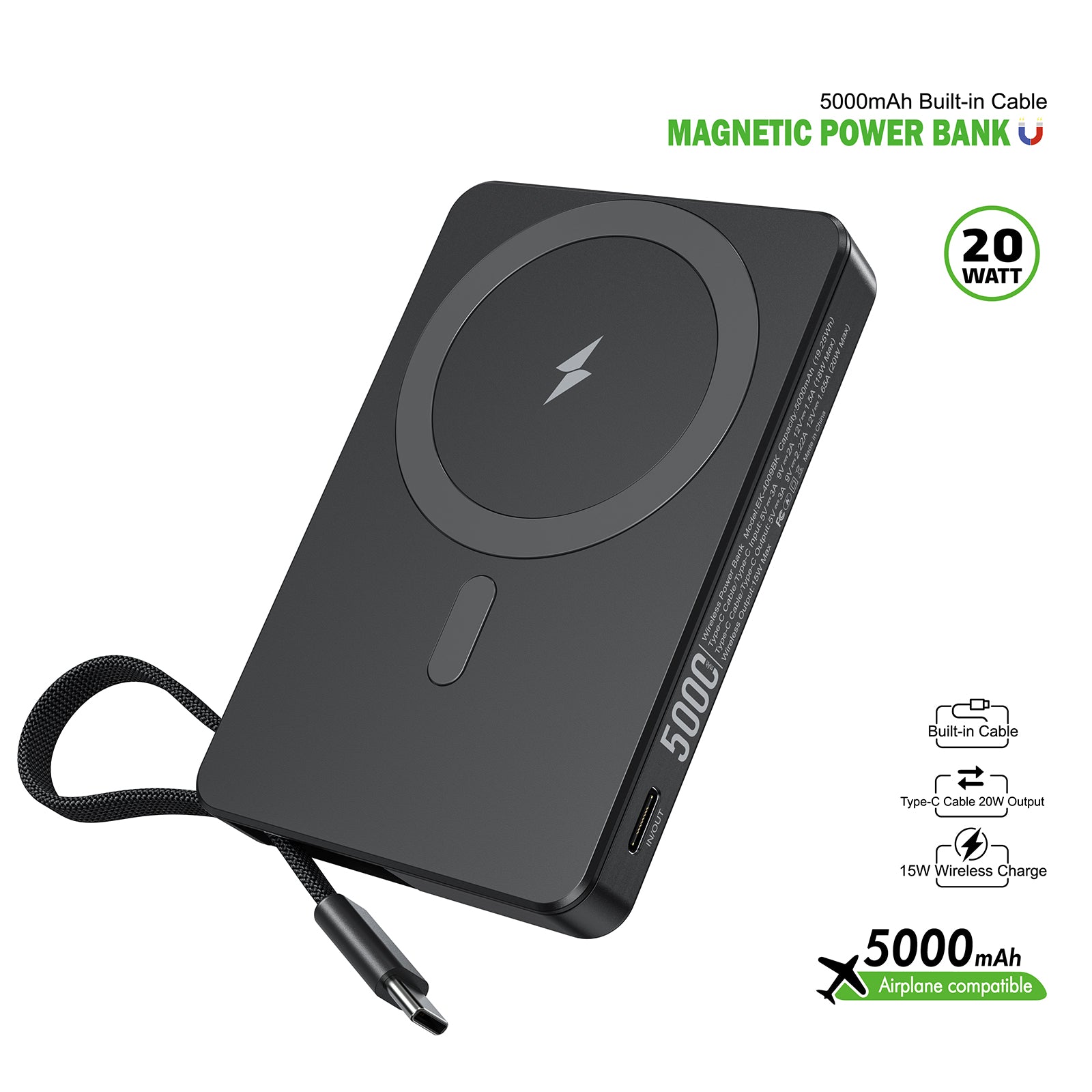 EK-4009BK 5000mAh Built-In Cable Magnetic Power Bank