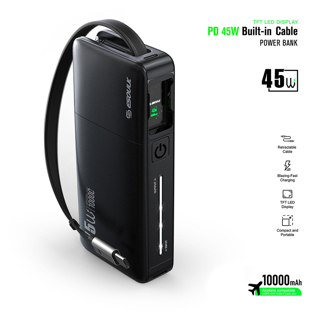 EK-4011BK 10000mAh PD 45W Built-in Retractable Cable Power Bank