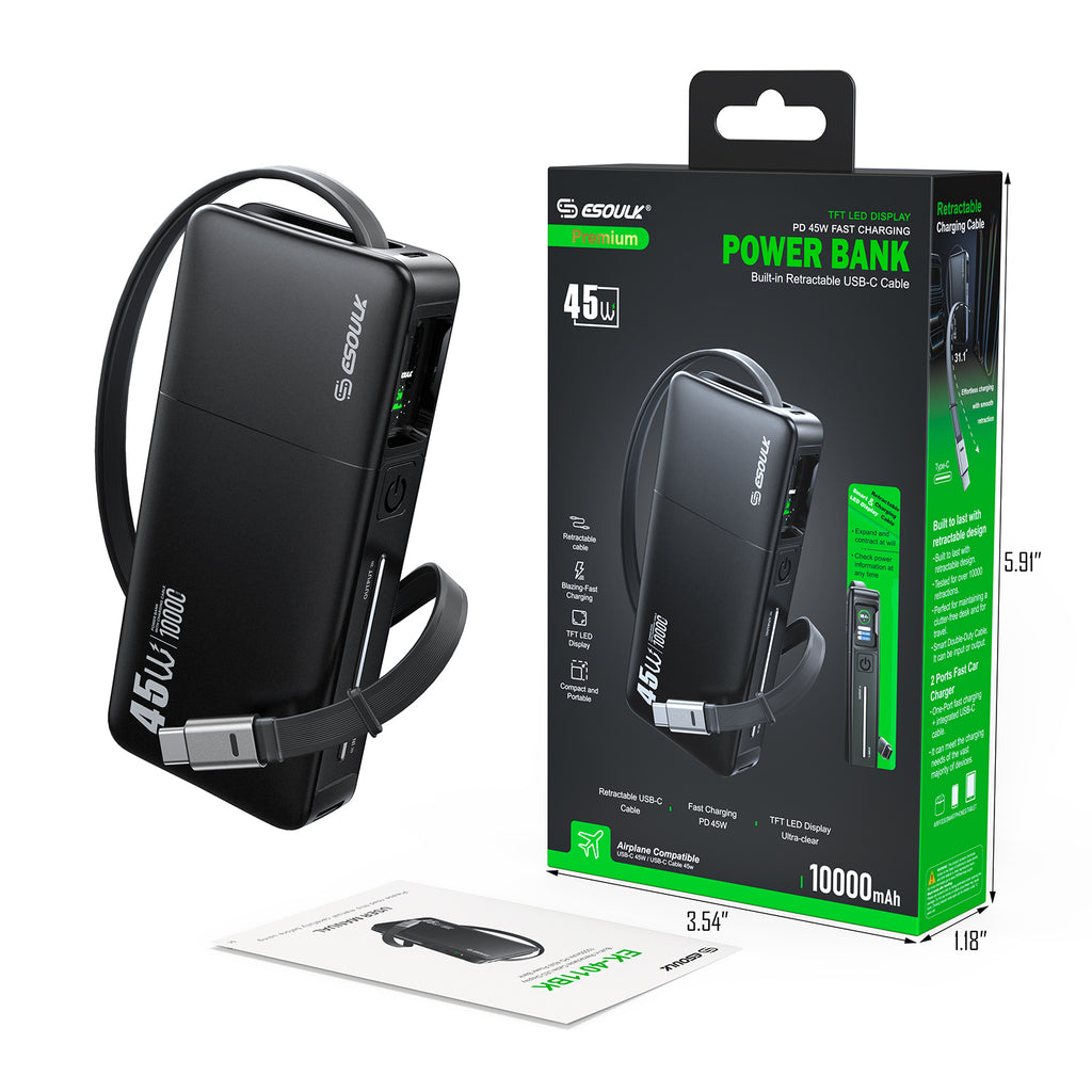 EK-4011BK 10000mAh PD 45W Built-in Retractable Cable Power Bank