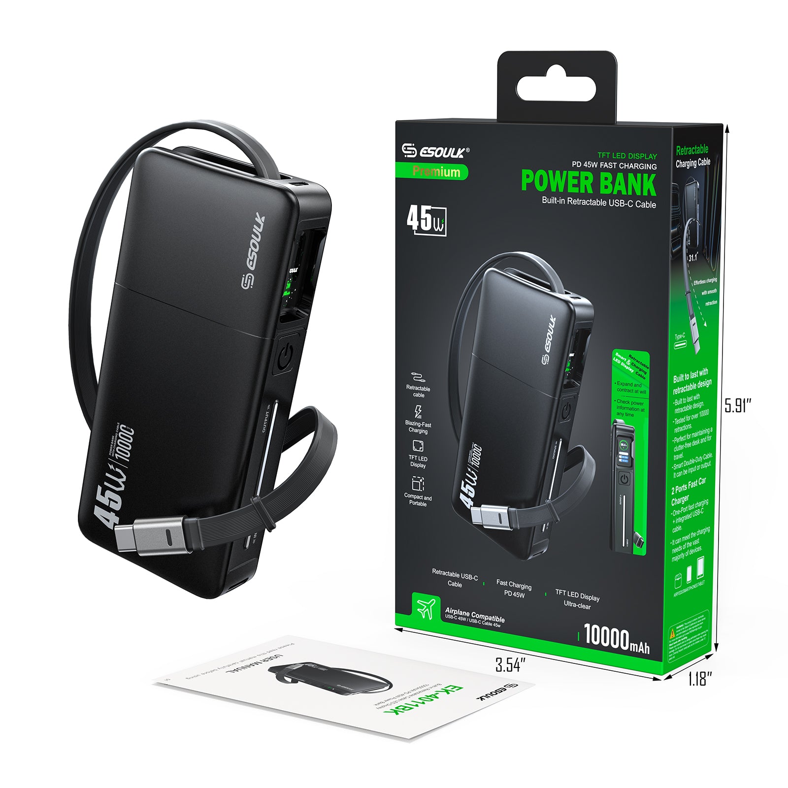 EK-4011BK 10000mAh PD 45W Built-in Retractable Cable Power Bank