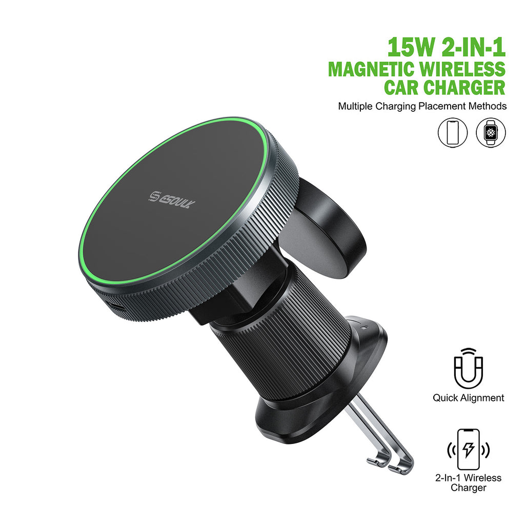 EK-6009BK 15W 2-in-1 Magnetic Wireless Car Charger