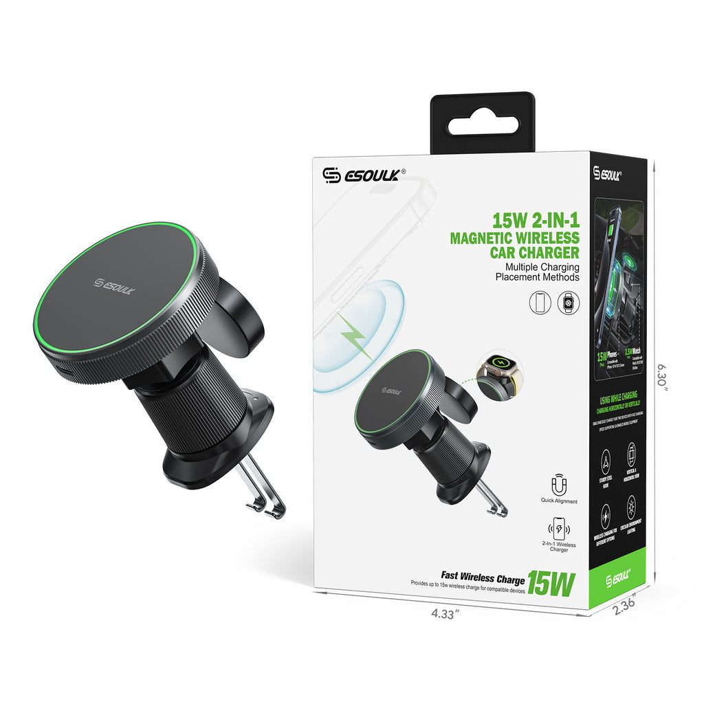 EK-6009BK 15W 2-in-1 Magnetic Wireless Car Charger