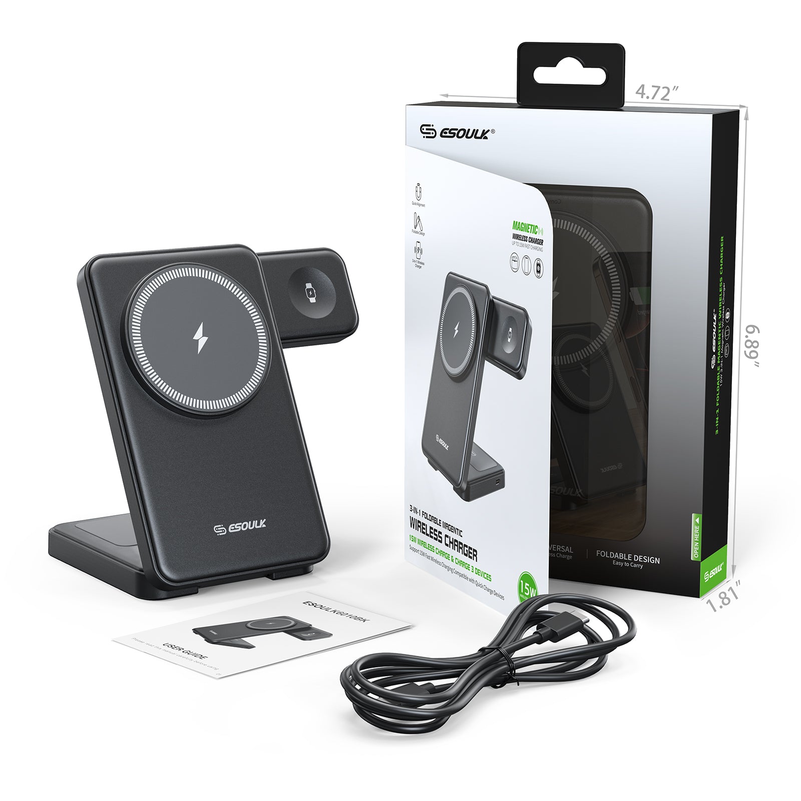 EK-6010BK 3-In-1 Foldable Magnetic Wireless Charger