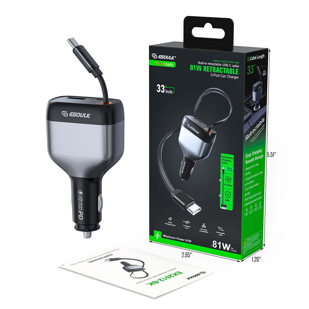 EK2012-BK 81W Built-in Retractable USB-C Cable Car Charger