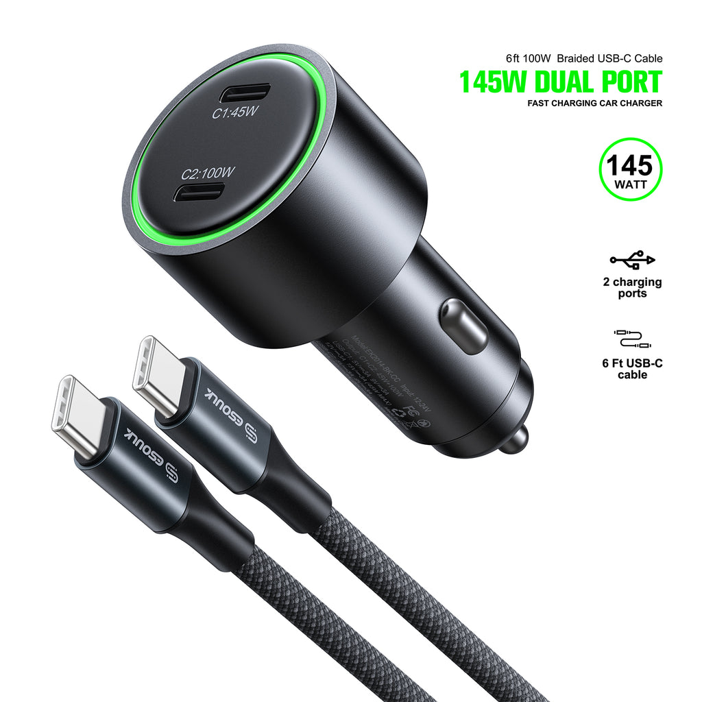 EK2014-BK-CC 145W Fast Charging Car Charger + 6FT 100W USB-C Braided Cable