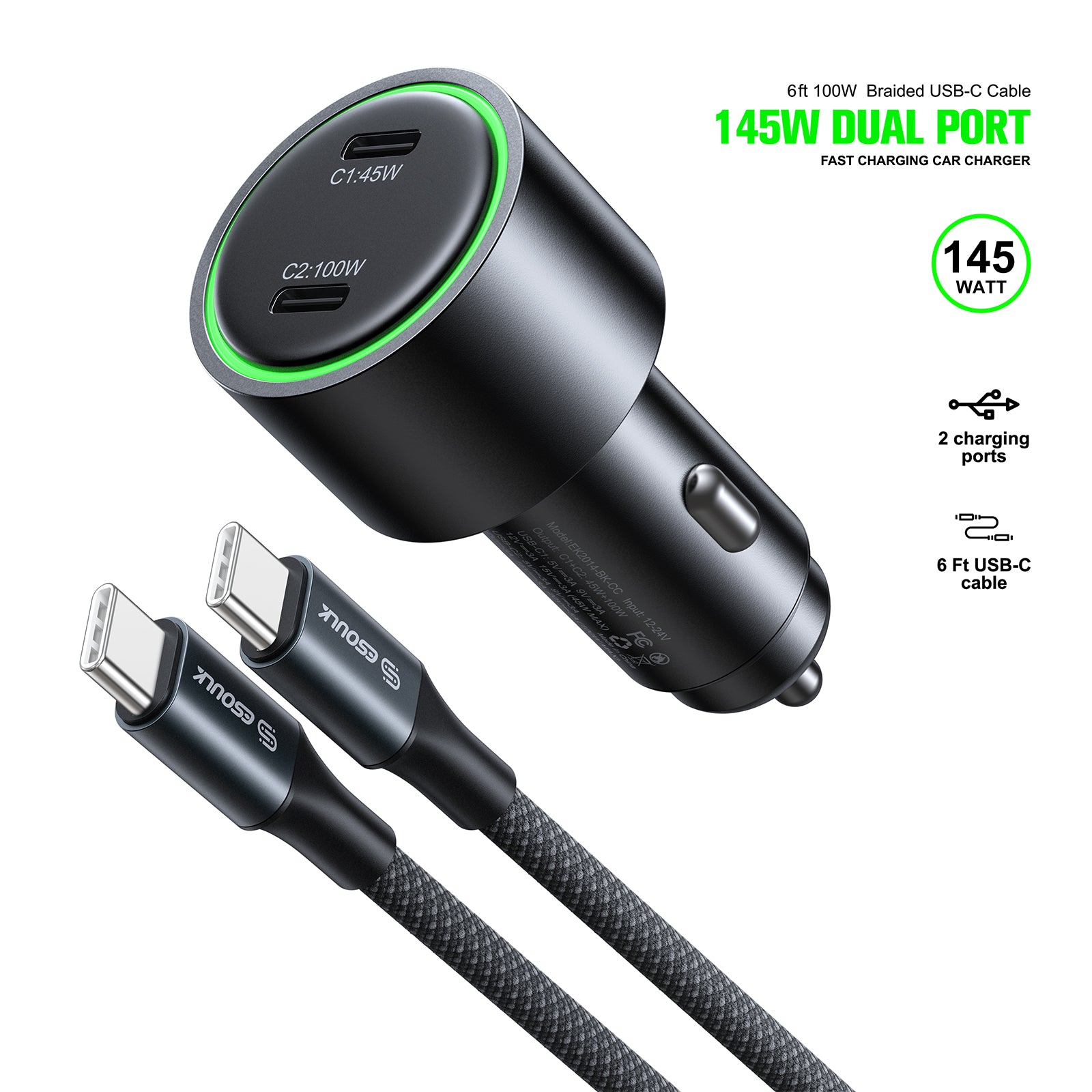 EK2014-BK-CC 145W Fast Charging Car Charger + 6FT 100W USB-C Braided Cable