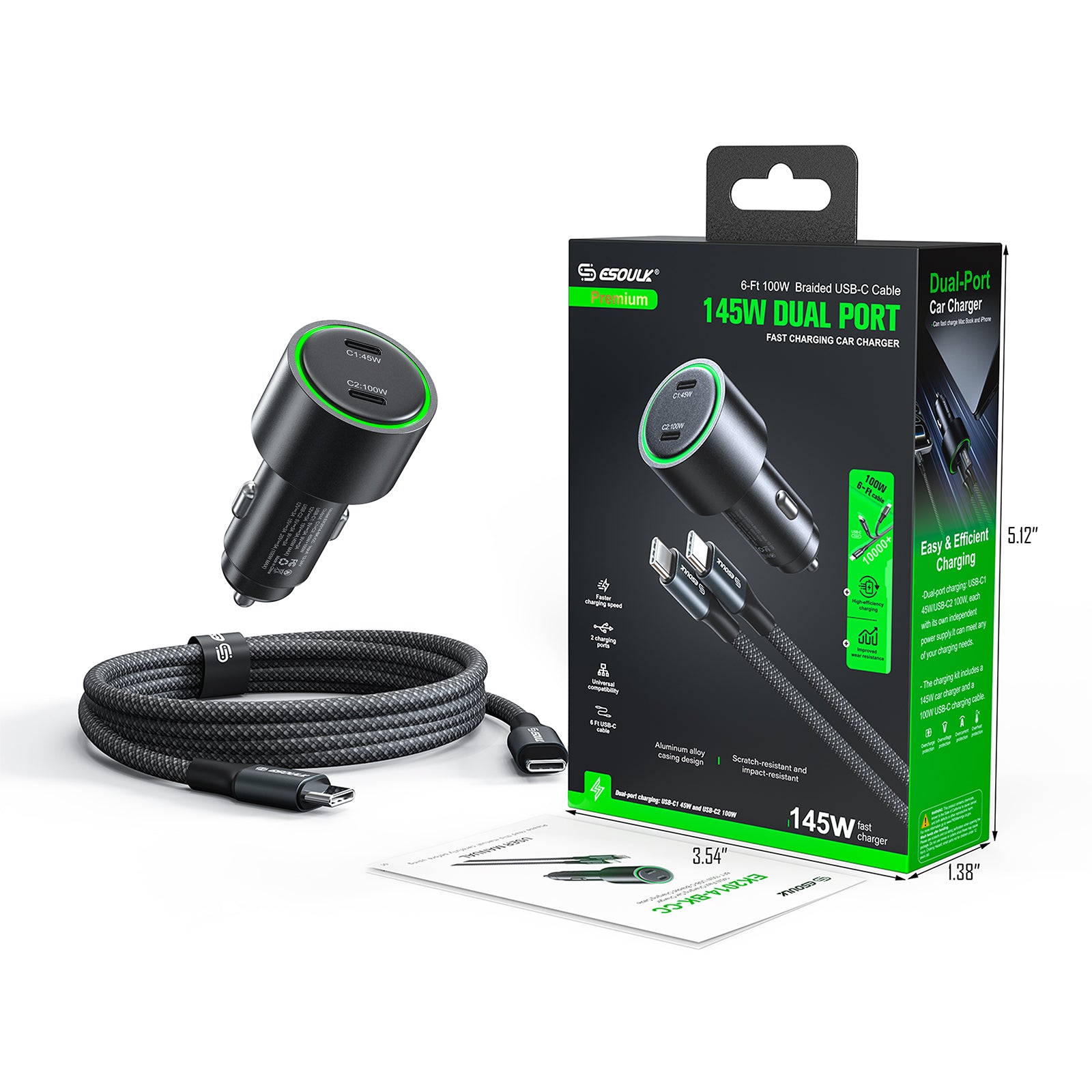 EK2014-BK-CC 145W Fast Charging Car Charger + 6FT 100W USB-C Braided Cable
