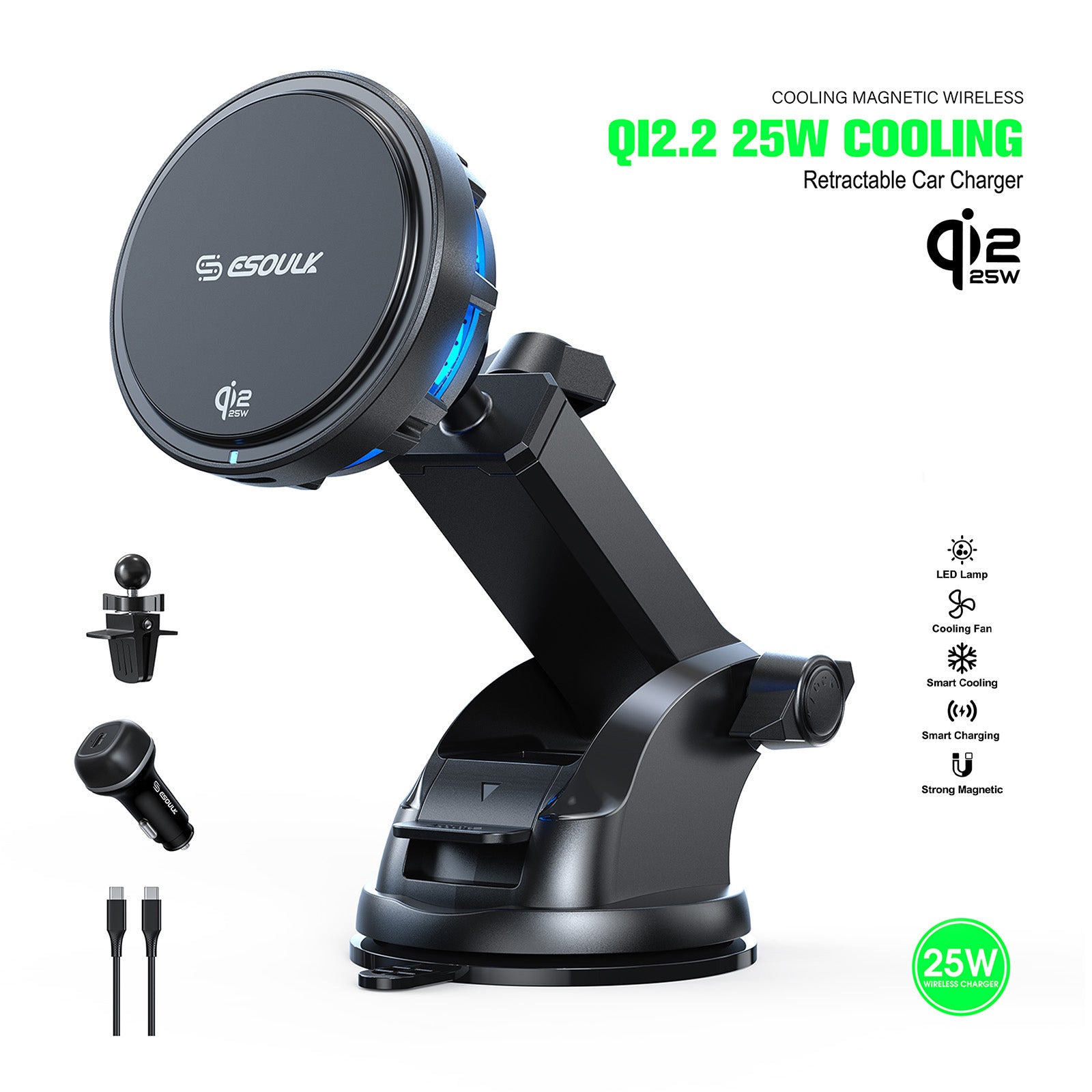 EK6013-BK-01 25W Qi2.2 Cooling Magnetic Wireless Car Charger Dashboard