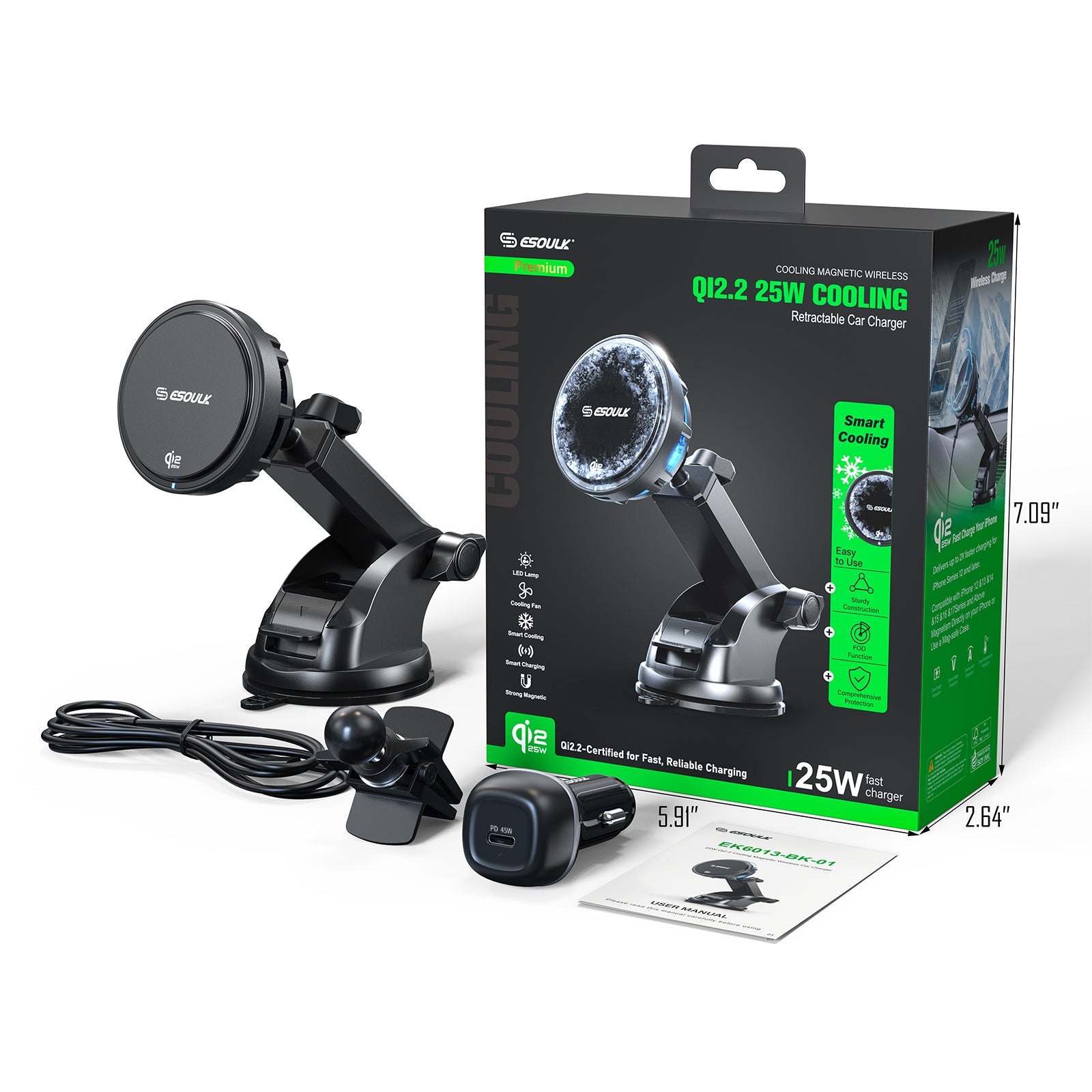 EK6013-BK-01 25W Qi2.2 Cooling Magnetic Wireless Car Charger Dashboard