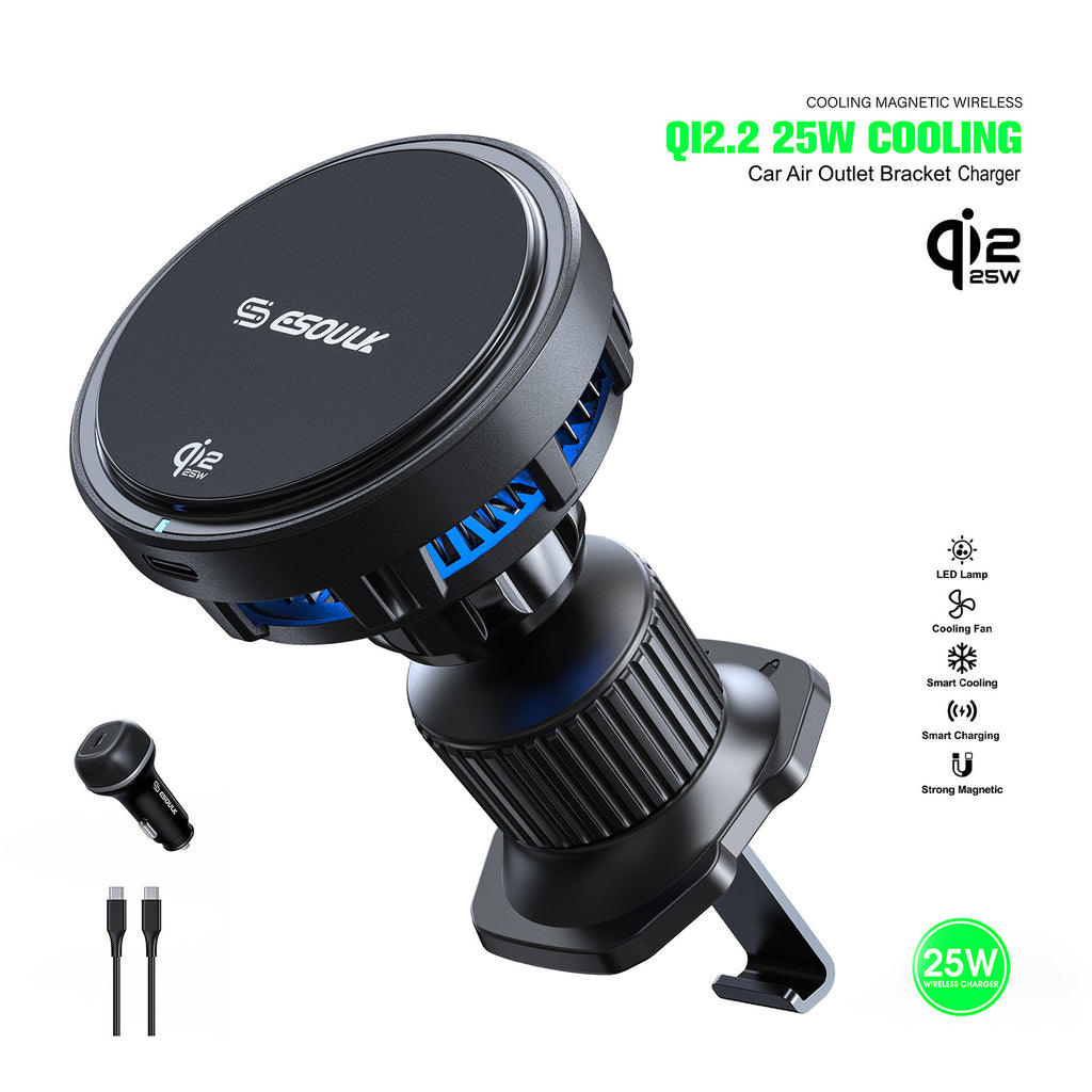 EK6013-BK-02 25W Qi2.2 Cooling Magnetic Wireless Air Vent Car Charger