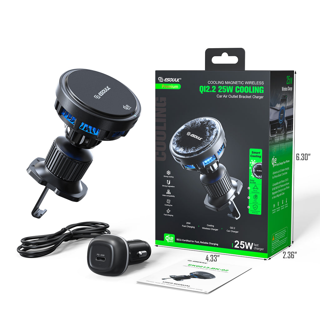 EK6013-BK-02 25W Qi2.2 Cooling Magnetic Wireless Air Vent Car Charger