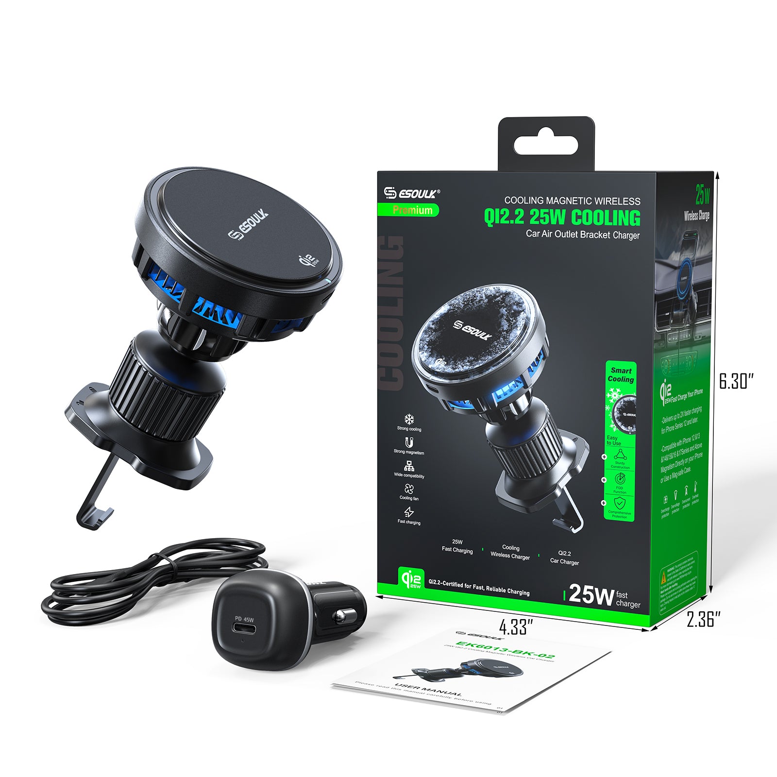 EK6013-BK-02 25W Qi2.2 Cooling Magnetic Wireless Air Vent Car Charger