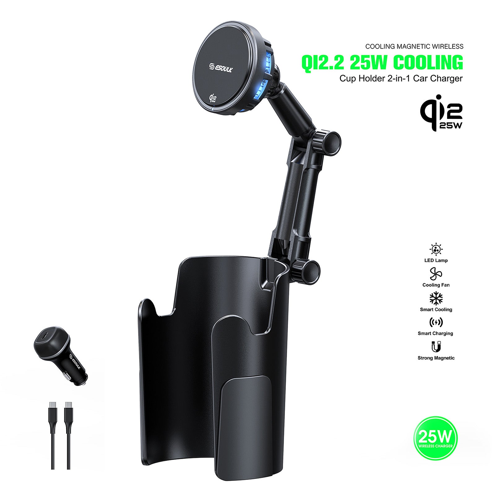 EK6013-BK-04 25W Qi2.2 Cooling Magnetic Wireless Car Charger Cup Holder